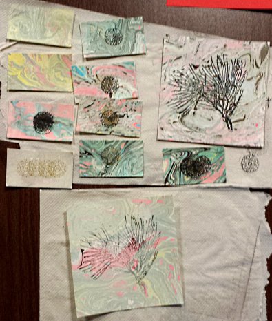 Suminagashi and stamps by Mary Catherine Lowrance